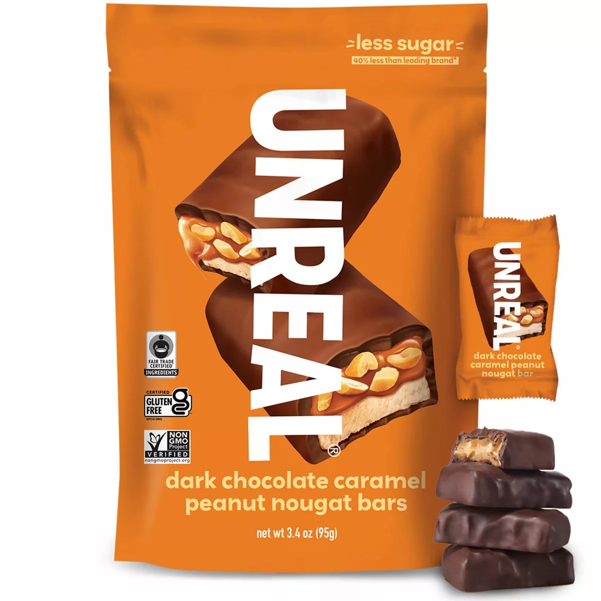 UNREAL Candy Dark Chocolate Caramel Peanut Nougat Bar - 3.4oz